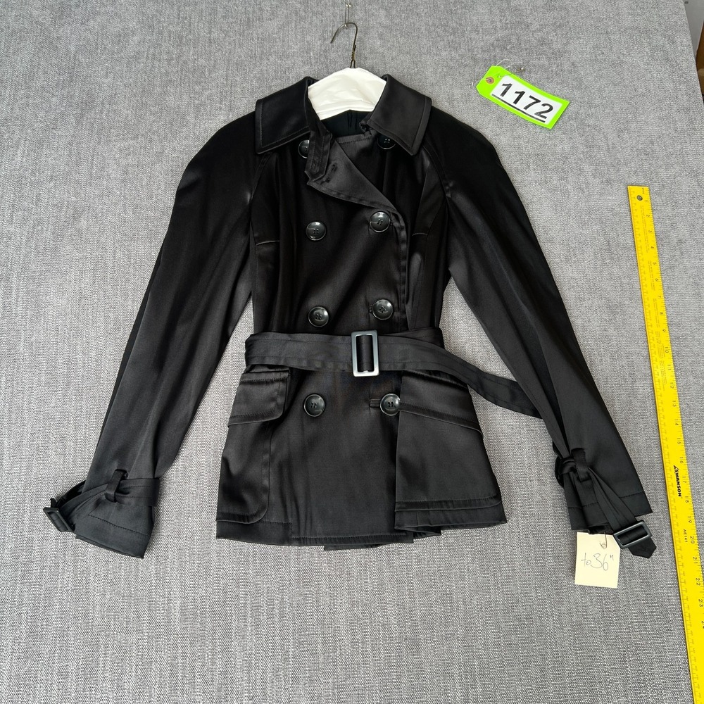 Womens Short Trench Coat Black Satin Belted Waist Long Sleeve Double Breasted